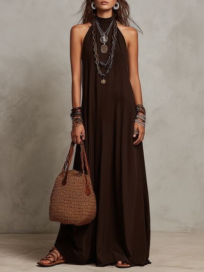 Robe longue minimaliste marron foncé à col licou