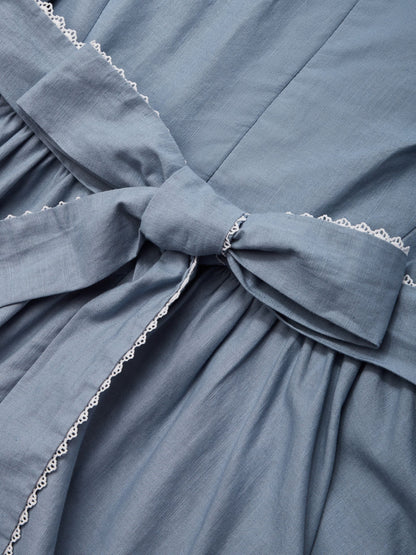 Robe Midi en Lin, Sans Manches, Col Rond, Unie, Vintage, Bleue