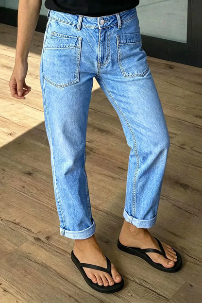 Wash Roll Hem Mid Waist Straight Leg Crop Jeans