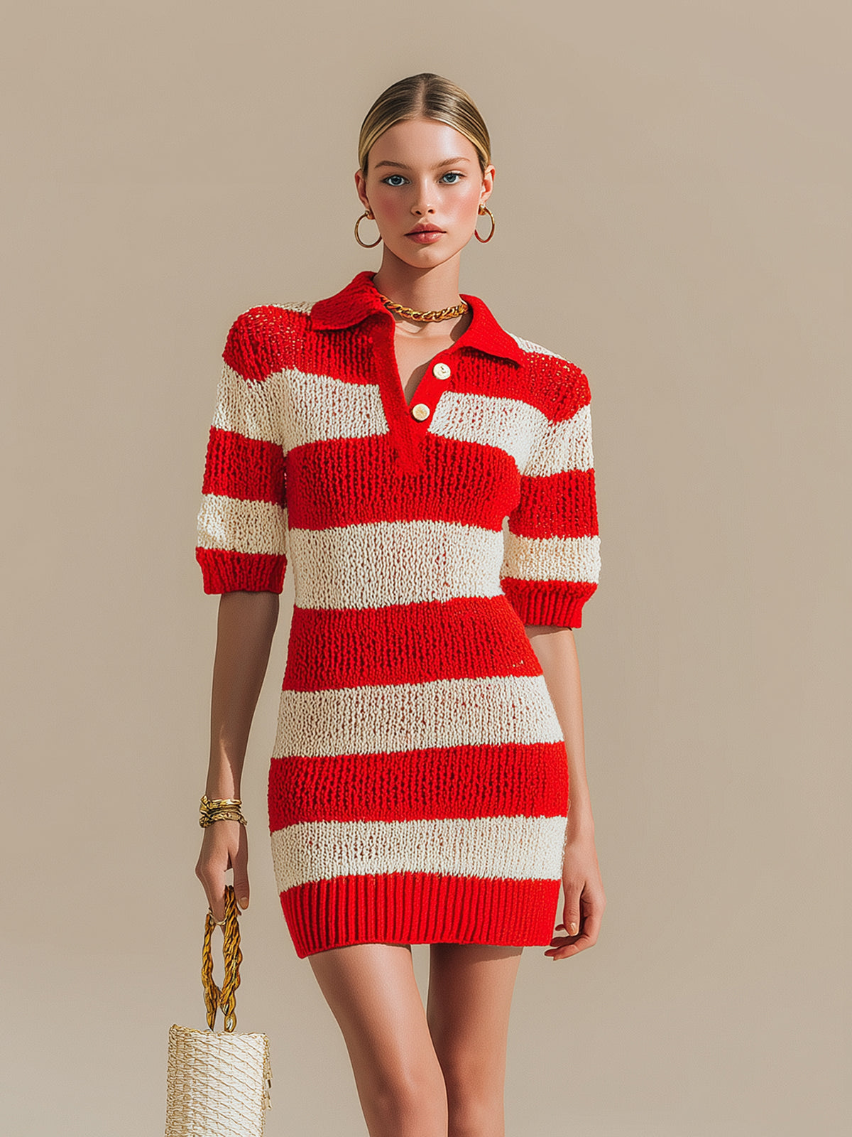 Chic Vintage Red Beige Lapel Collar Button-up Short-Sleeve Loose-Fit Knit Mini Dress