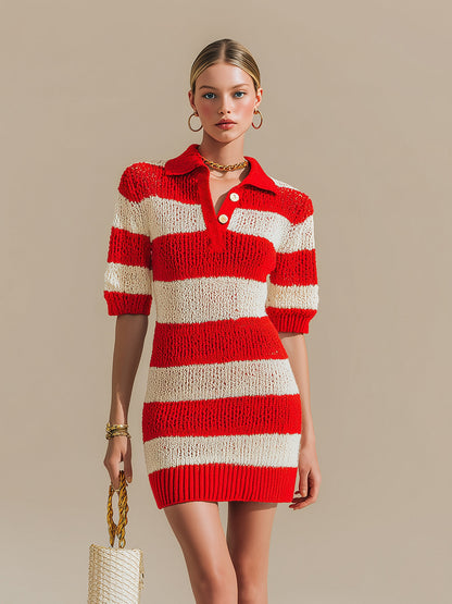 Chic Vintage Red Beige Lapel Collar Button-up Short-Sleeve Loose-Fit Knit Mini Dress