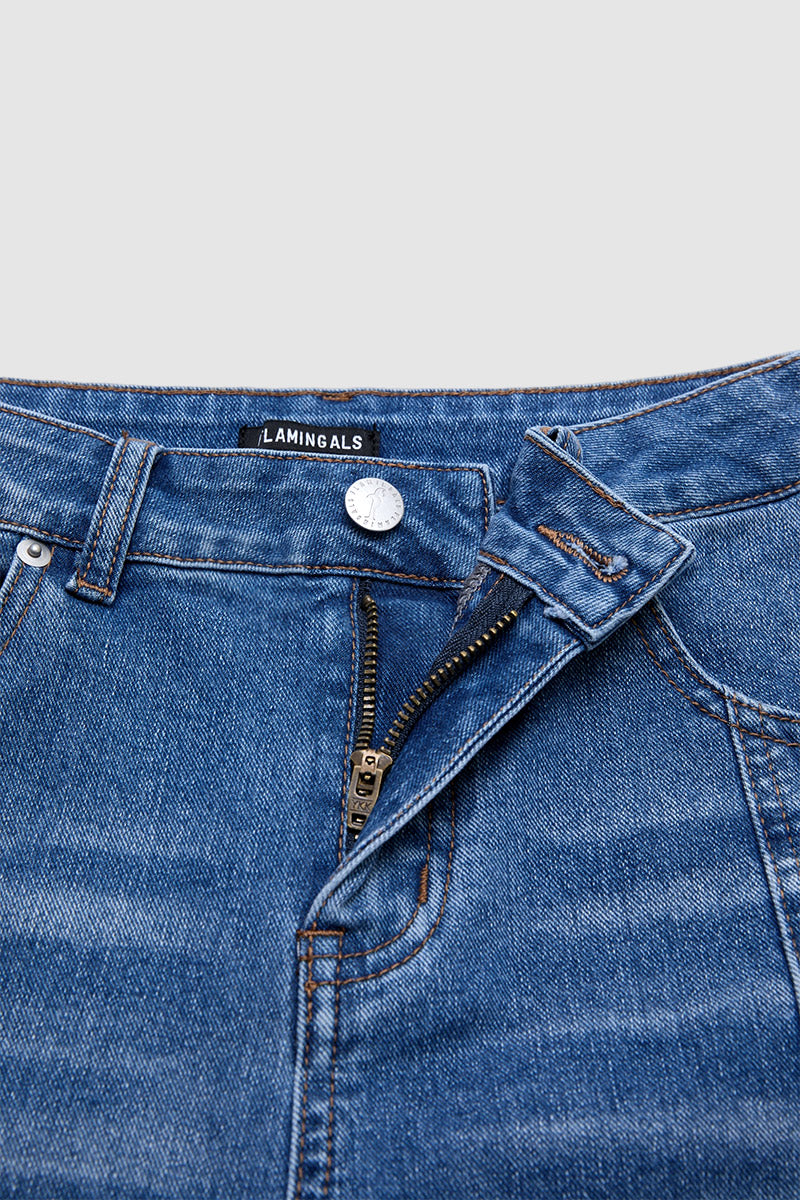 Wash Flap Pocket Seam Front Mid Rise Mid Thigh Denim Shorts Without Belt