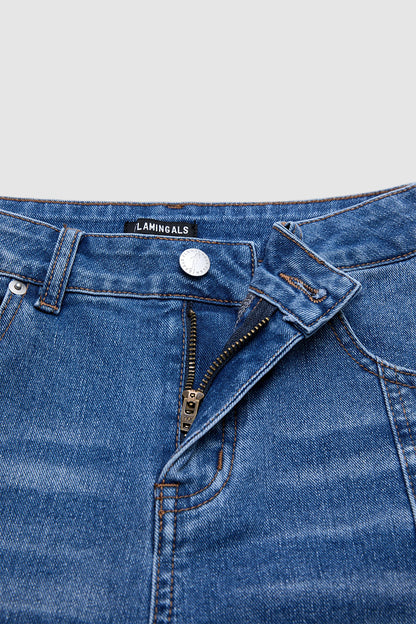 Wash Flap Pocket Seam Front Mid Rise Mid Thigh Denim Shorts Without Belt