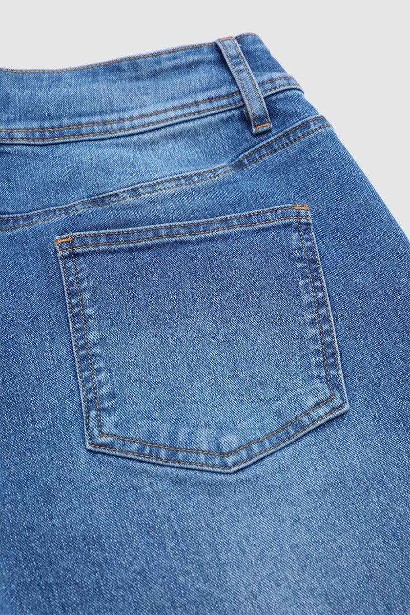 Wash Flap Pocket Drawstring Hem Mid Waist Straight Leg Capri Jeans
