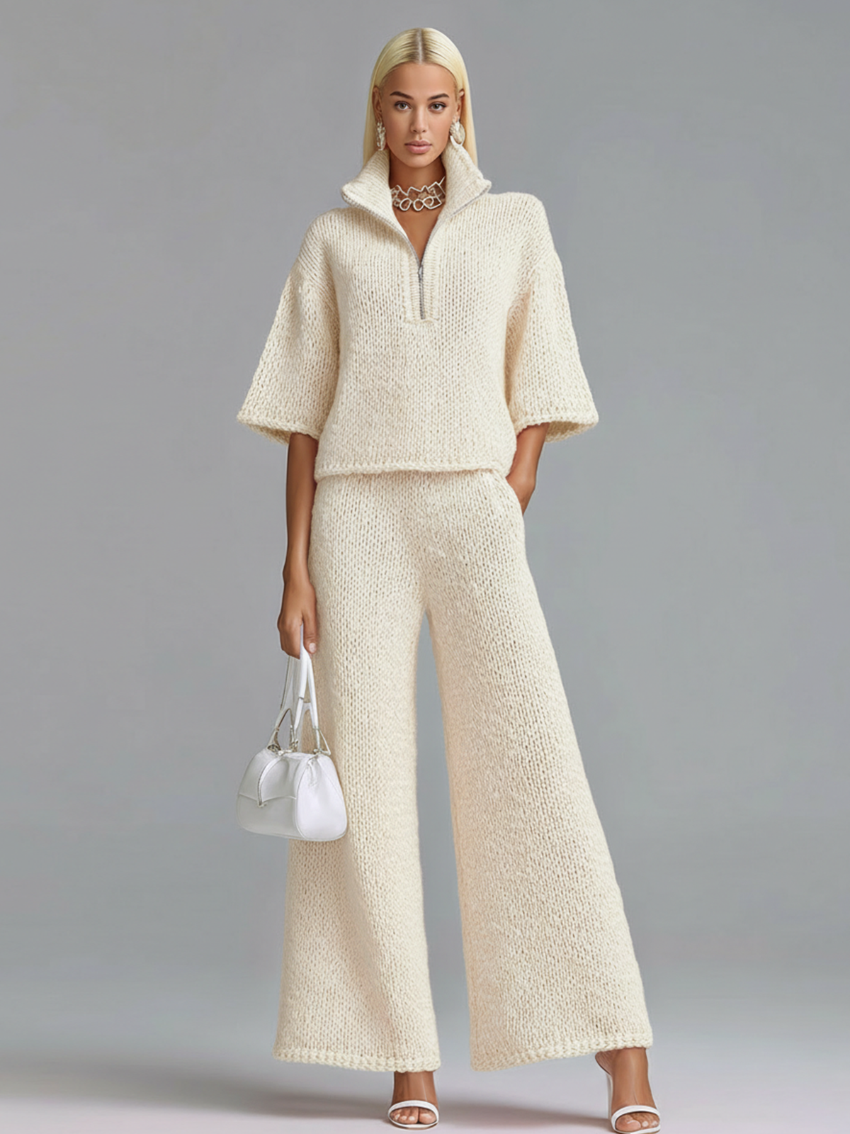 Stylish Elegant Barbie Pink Lapel Seven-Quarter Sleeve Half-Zip Loose Sweater And Wide-Leg Pants Two-Piece Set