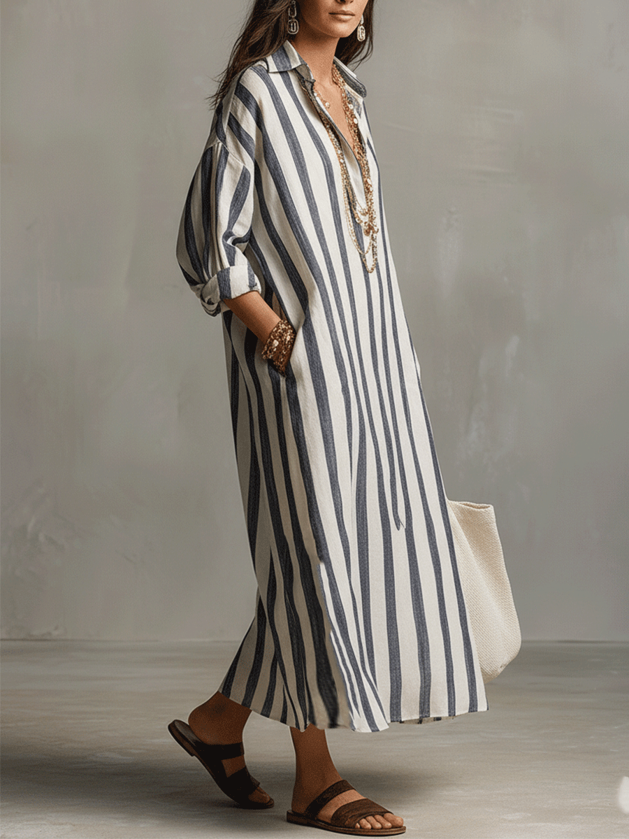Chemise rayée décontractée Robe longue style bohème
