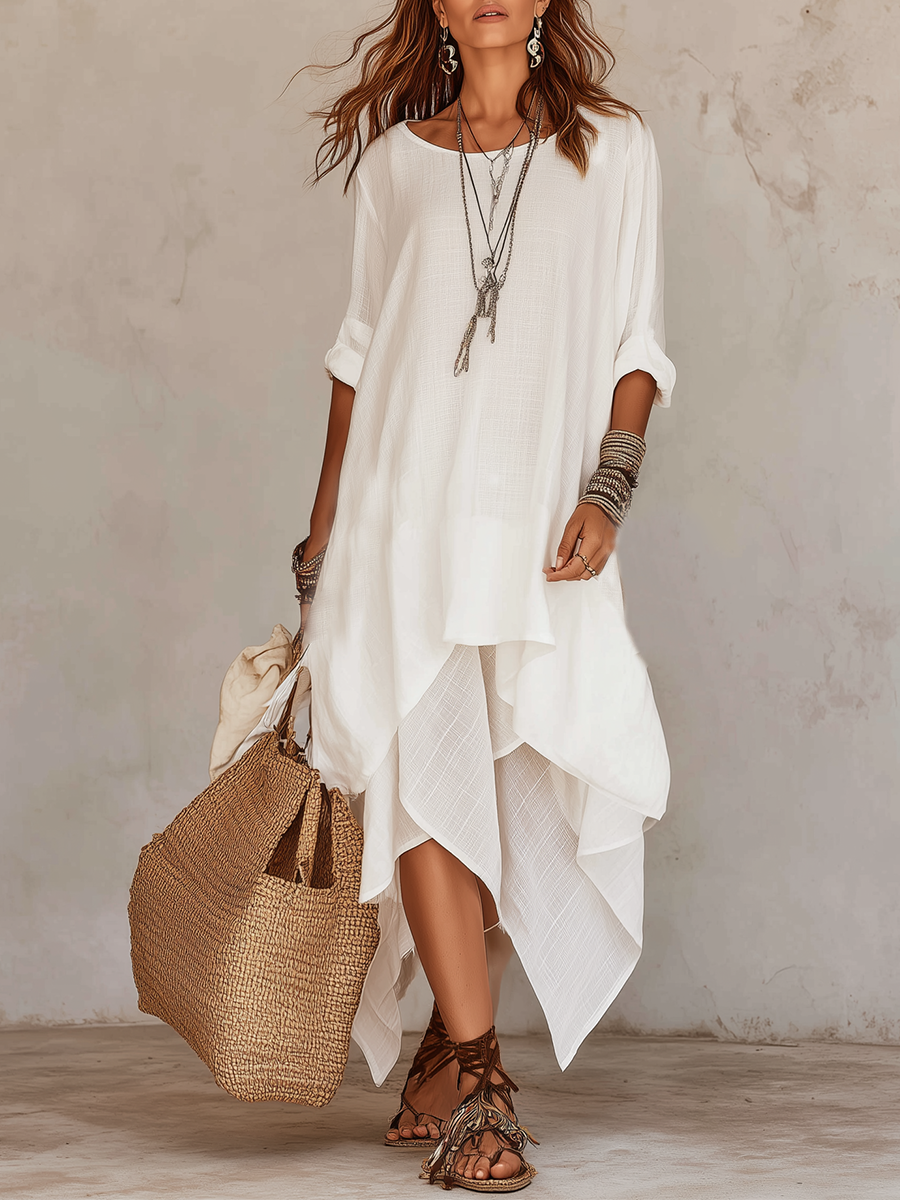Robe asymétrique superposée bohème en lin naturel, coloris ivoire