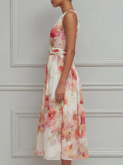 Soft Pleated Floral A-Line Midi Dress