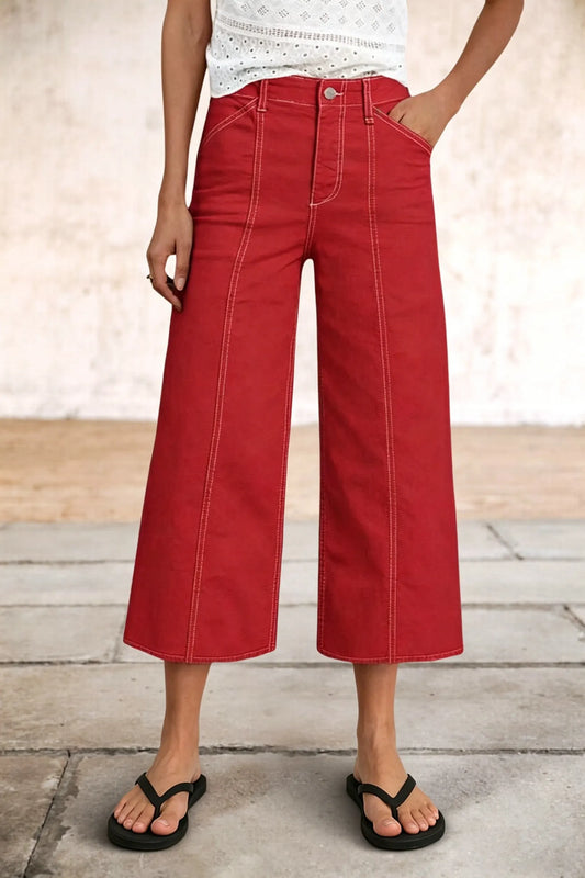 Contrast Stitch Mid Rise Wide Leg Crop Pants