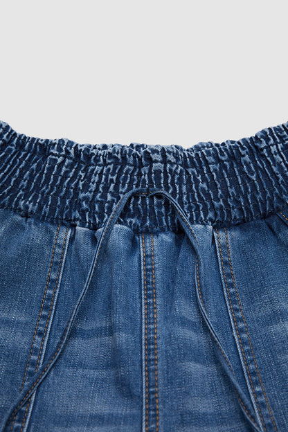 Wash Patch Pocket Tie Front Shirred High Rise Wide Leg Jeans