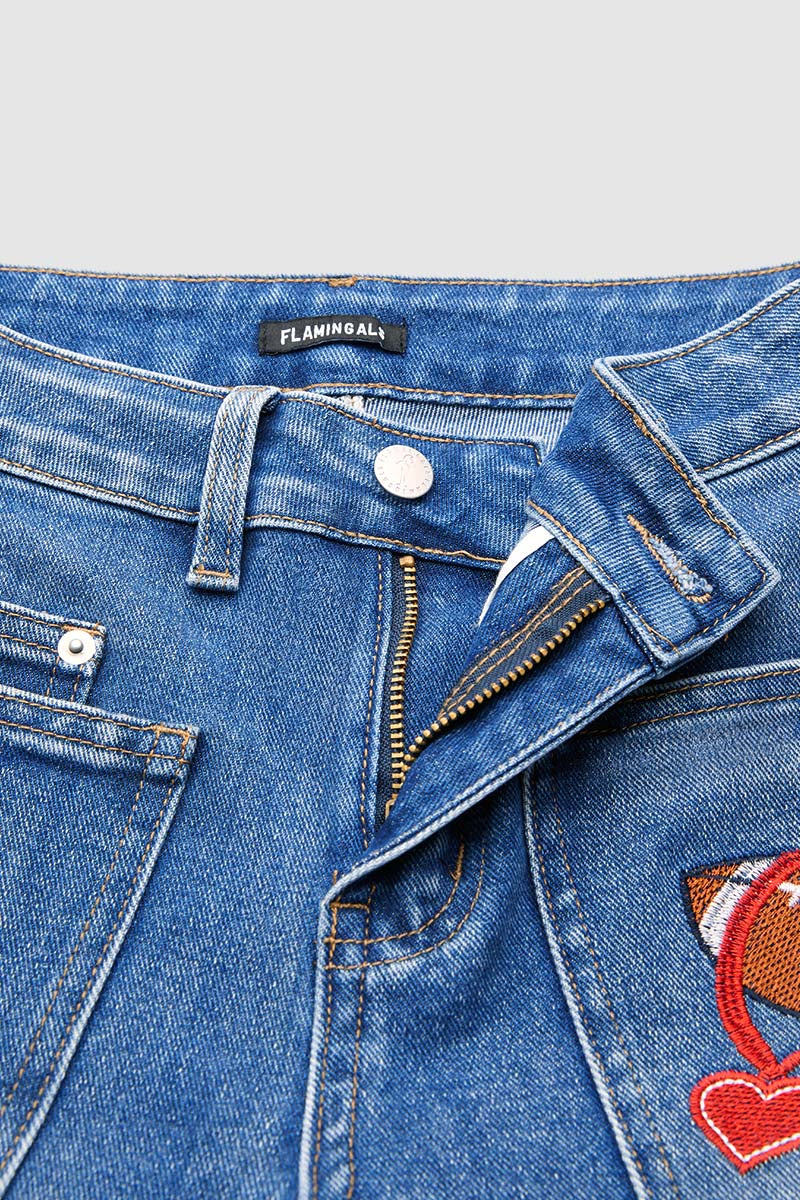 Wash Embroidery Mid Waist Straight Leg Jeans Without Belt