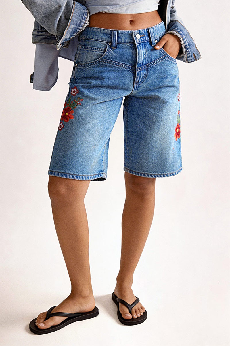 Wash Floral Embroidery V Yoke Mid Rise Straight Leg Denim Bermuda Shorts