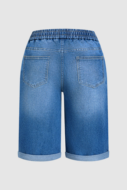 Wash Stitch Detail Roll Hem Drawstring Mid Rise Denim Bermuda Shorts
