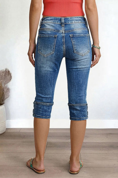 Button Tab Roll Hem Mid Waist Skinny Capri Jeans