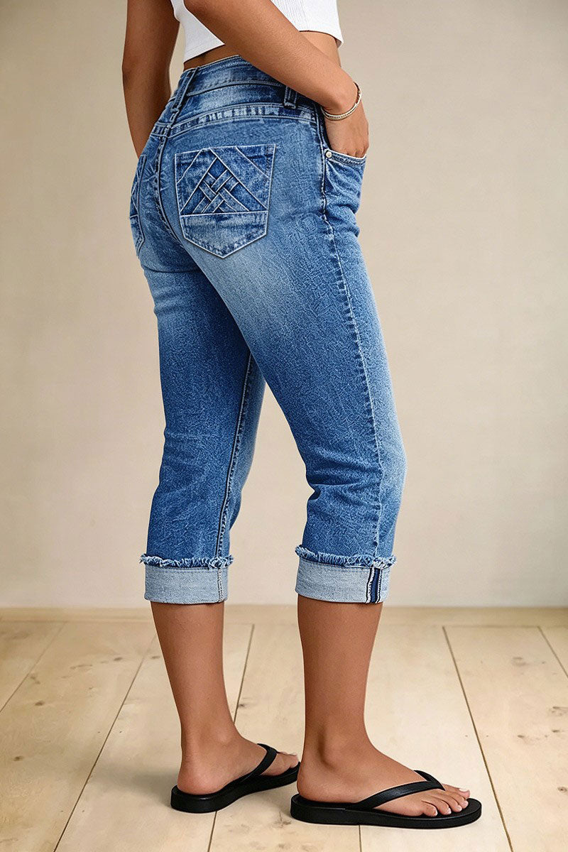 Roll & Raw Hem Criss Cross Mid Waist Straight Leg Capri Jeans