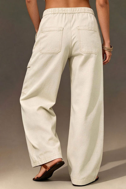 Solid Flap Pocket Drawstring Mid Waist Wide Leg Cargo Pants