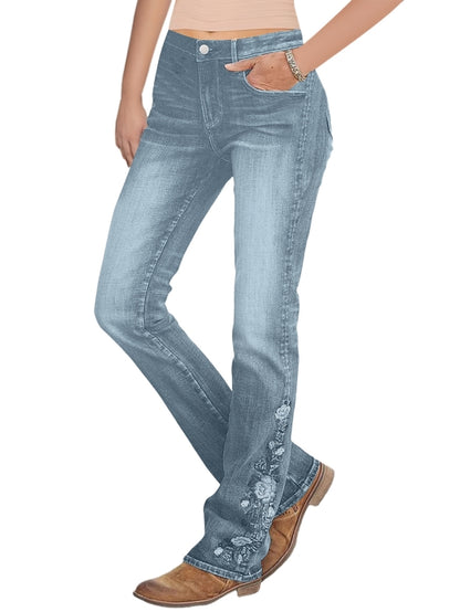 Washed Floral Embroidery Stretchy Mid Waist Bootcut Jeans