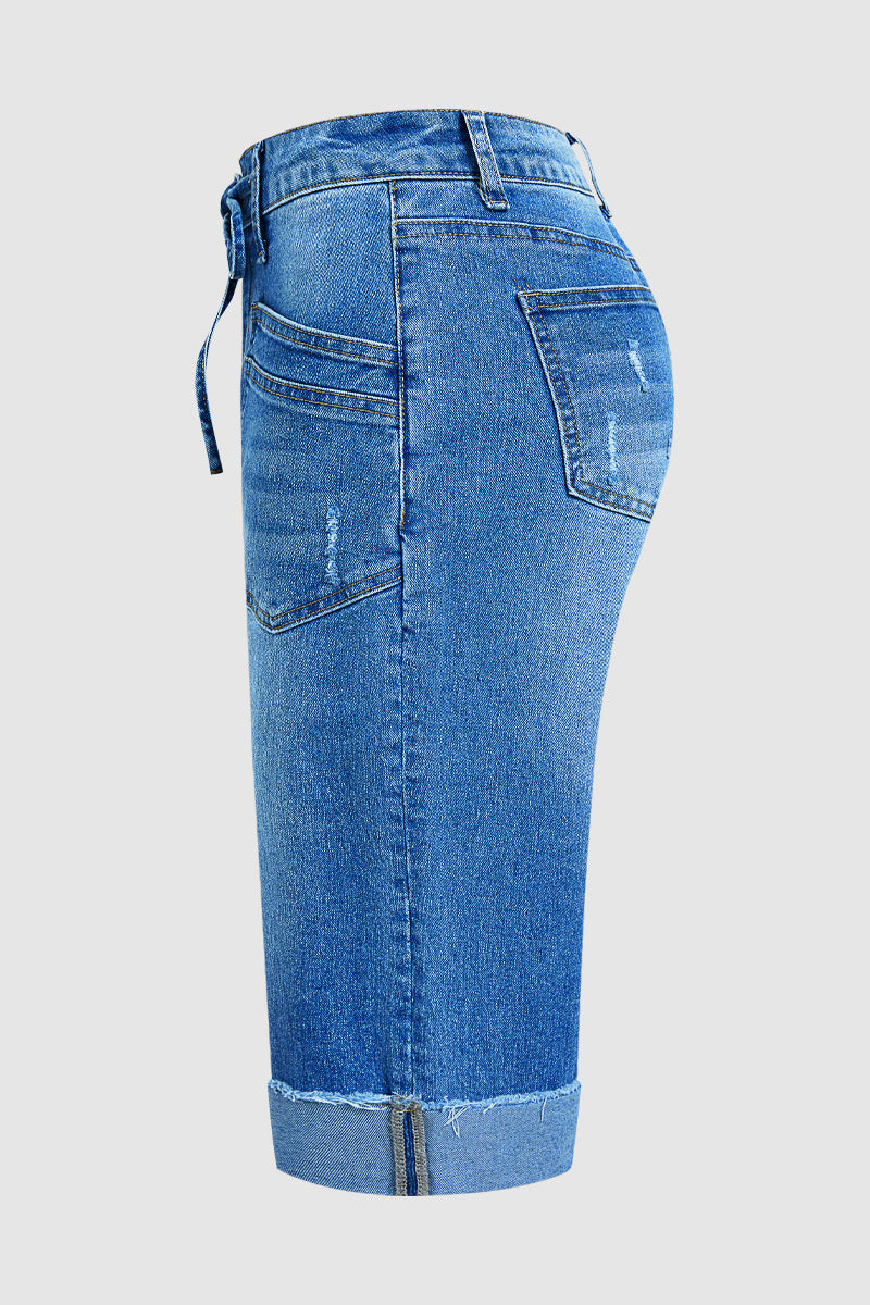 Wash Roll Hem Ripped Patch Pocket Drawstring Straight Leg Mid Rise Capri Jeans