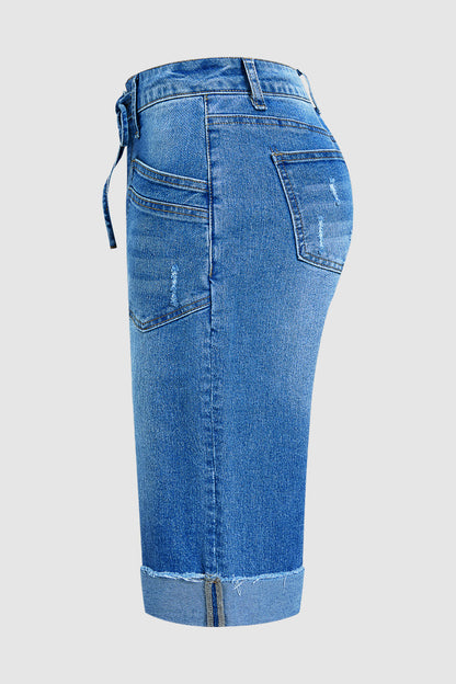 Wash Roll Hem Ripped Patch Pocket Drawstring Straight Leg Mid Rise Capri Jeans