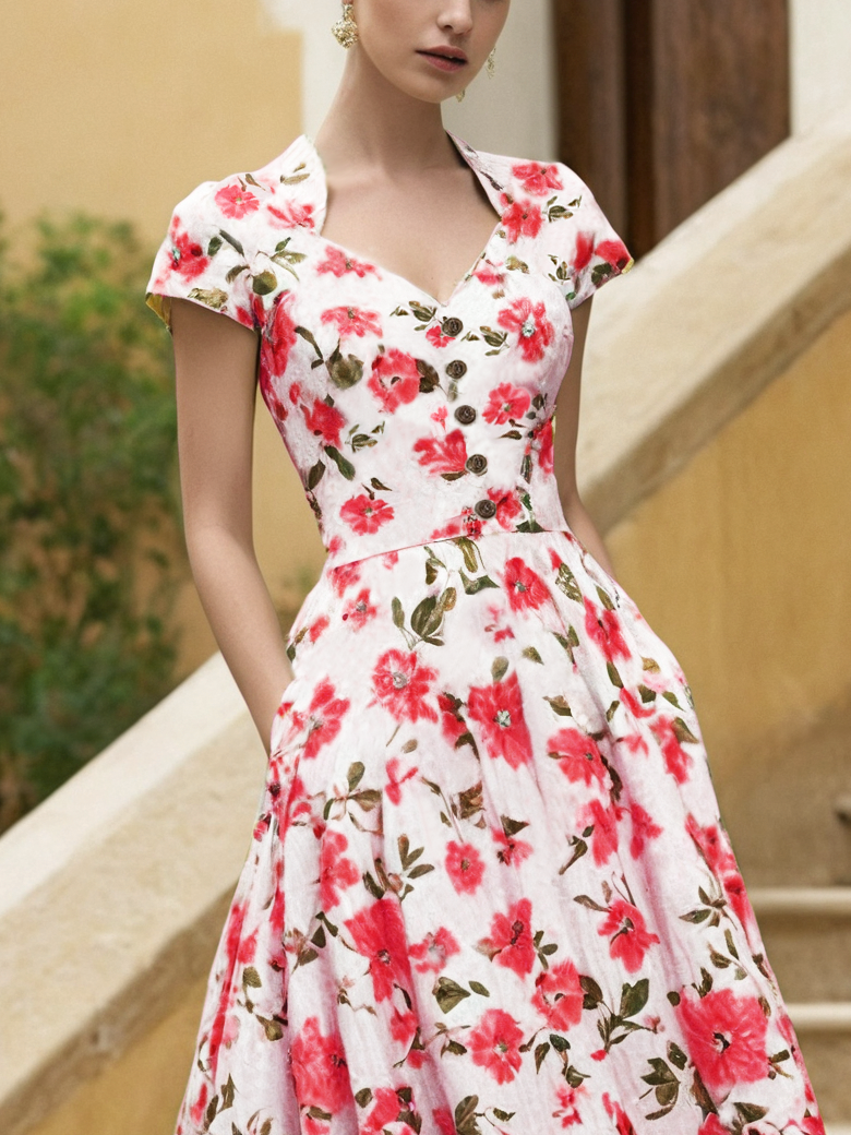 Robe midi en lin, manches courtes, encolure en cœur, florale, vintage, rouge