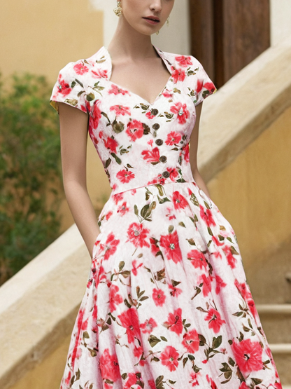Robe midi en lin, manches courtes, encolure en cœur, florale, vintage, rouge