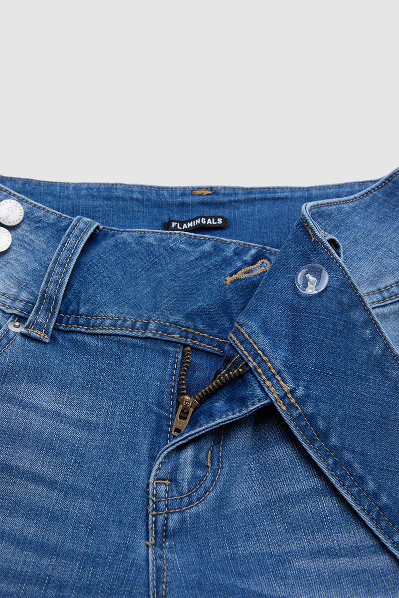 Wash Button Decor Mid Waist Skinny Capri Jeans