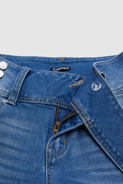 Wash Button Decor Mid Waist Skinny Capri Jeans