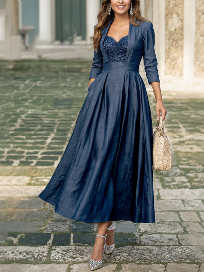 Robe longue en lin, Manches courtes, Encolure Cœur, Unie, Dentelle, Vintage, Bleu Jean