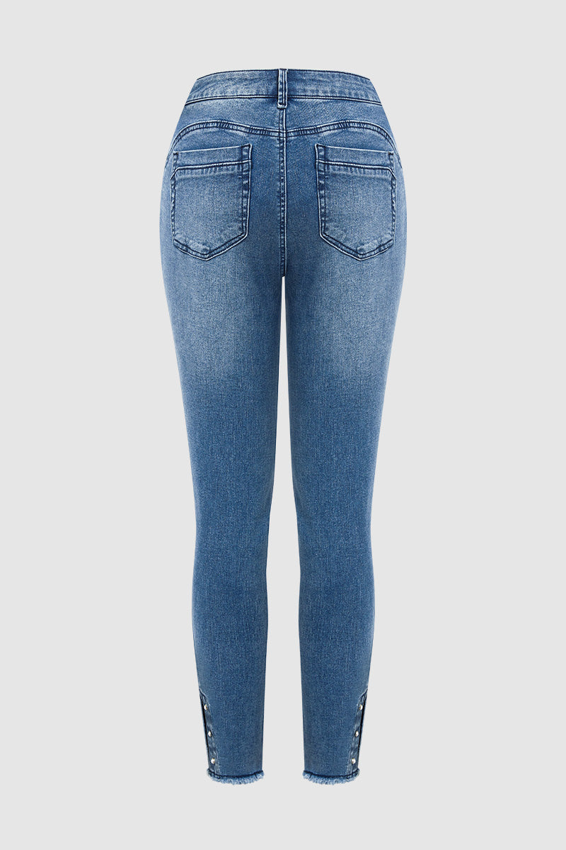 Pearl Button Side Raw Hem High Waist Skinny Jeans