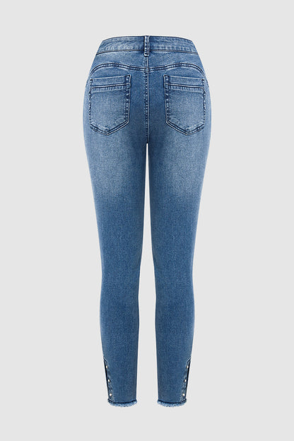 Pearl Button Side Raw Hem High Waist Skinny Jeans
