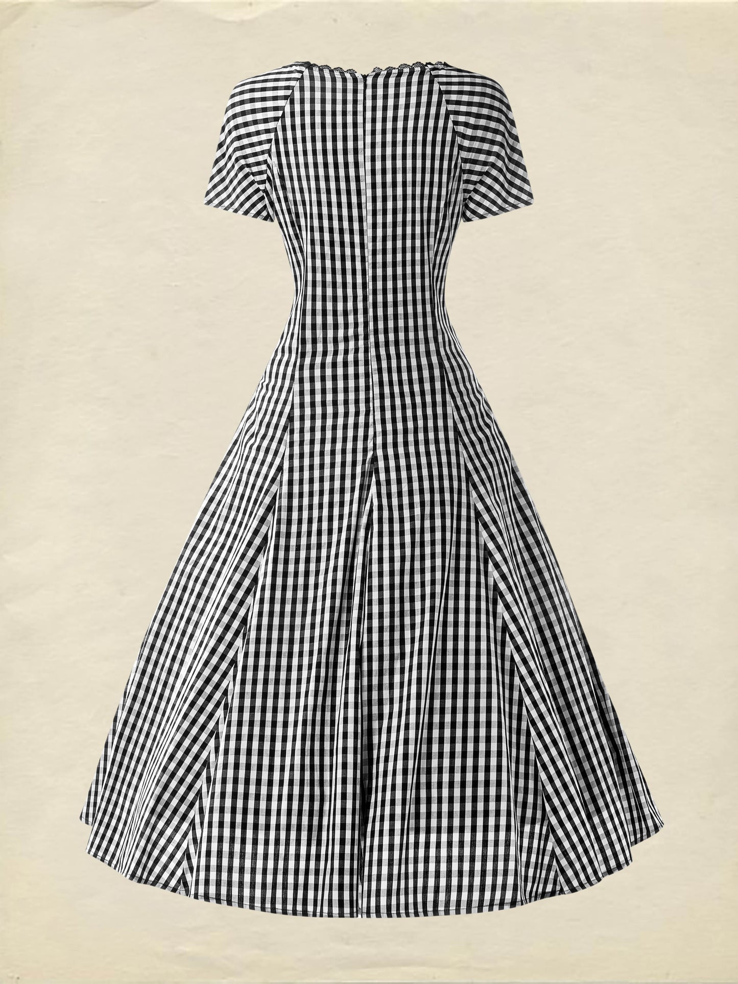 Robe midi en coton, manches courtes, col en dentelle, carreaux, vintage, blanc