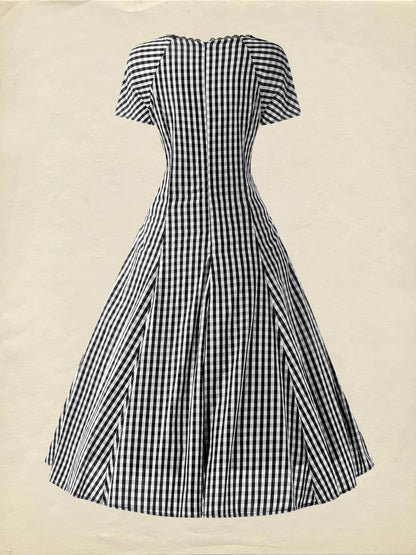 Robe midi en coton, manches courtes, col en dentelle, carreaux, vintage, blanc