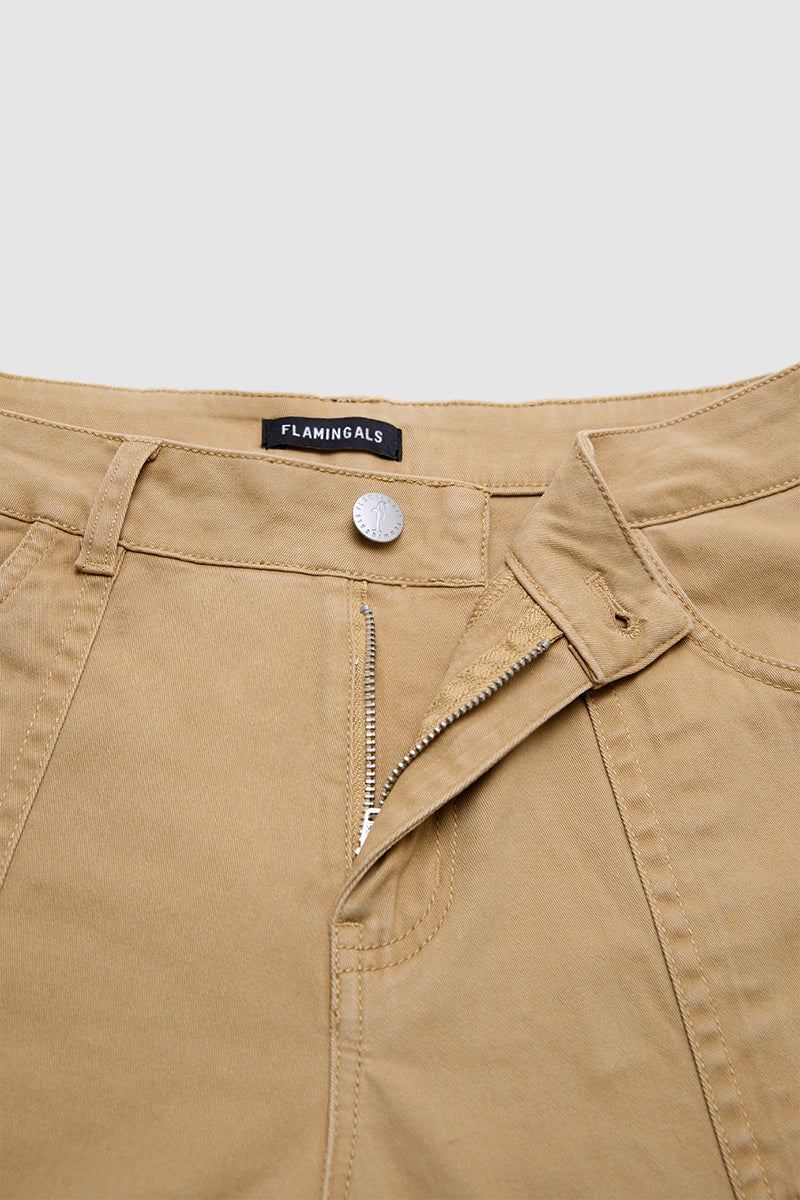 Solid Stitch Detail Mid Waist Bootcut Pants Without Belt