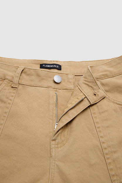 Solid Stitch Detail Mid Waist Bootcut Pants Without Belt