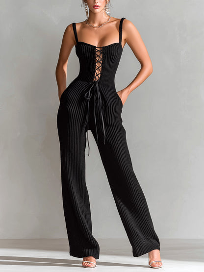 Chic Elegant Black Square Neck Sleeveless Lace-Up Details Tailored Waist Wide-Leg Ribbed Knit Jumpsuit