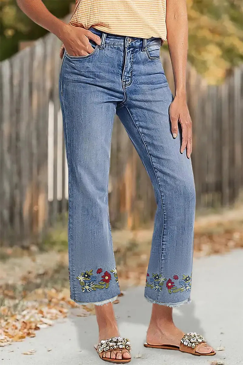 Wash Embroidery Raw Hem Mid Rise Crop Jeans