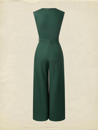 Combinaison en lin, sans manches, col en V, unie, boutonnée, vintage, verte