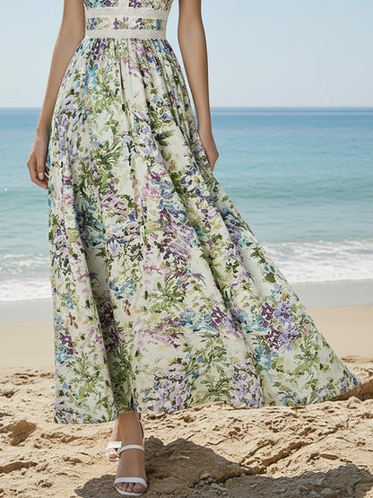 Robe longue en lin, Manches courtes, Florale, Dentelle, Vacances, Vintage, Blanche