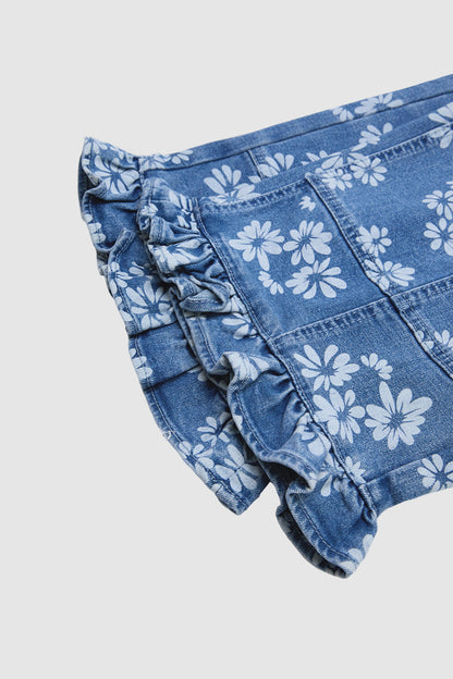 Floral Pattern Ruffle Stitch Detail Mid Waist Wide Leg Crop Jeans