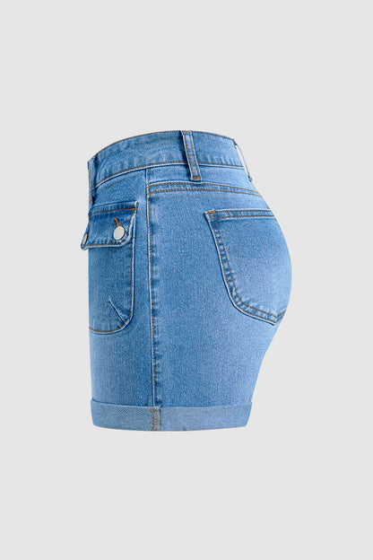 Wash Flap Pocket Roll Hem Mid Rise Denim Shorts Without Belt
