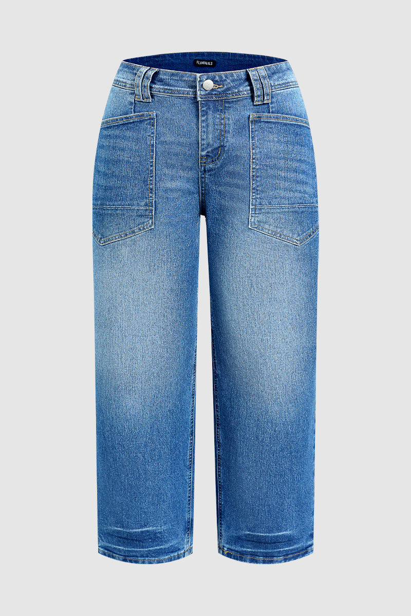 Wash Patch Pocket Mid Rise Straight Leg Crop Jeans