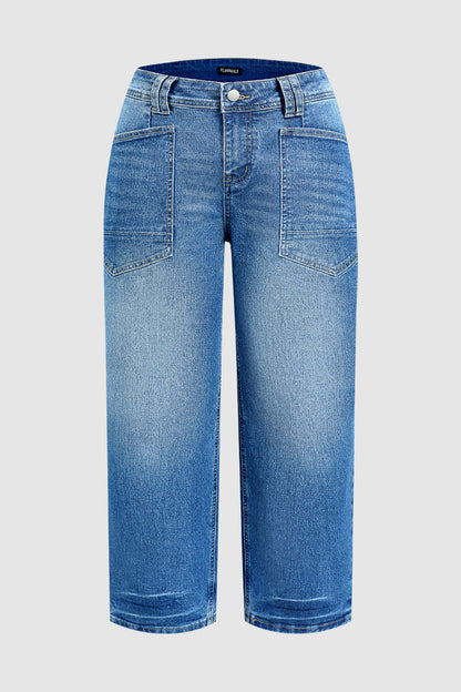 Wash Patch Pocket Mid Rise Straight Leg Crop Jeans