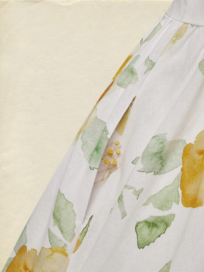 Robe Midi en Lin, Manches Courtes, Florale, Vintage, Blanche