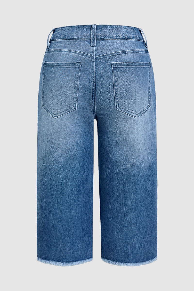 Wash Patch Pocket Raw Hem High Rise Straight Leg Capri Jeans