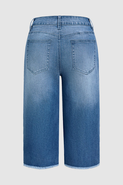 Wash Patch Pocket Raw Hem High Rise Straight Leg Capri Jeans