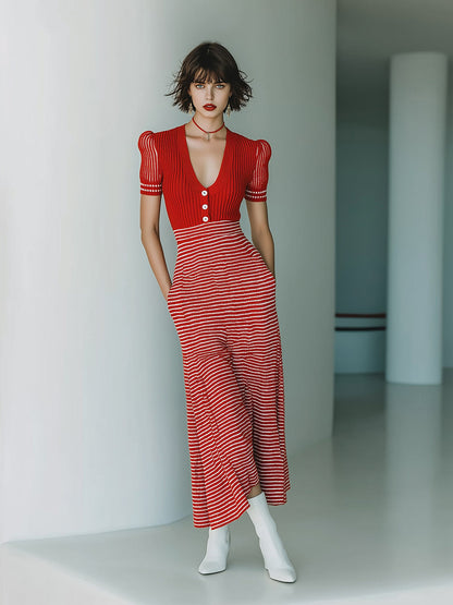 Chic Elegant Red Stripes Patchwork V-Neck Short-Sleeve Lace Detail Tailored Waist A-Line Hem Knit Maxi Dress