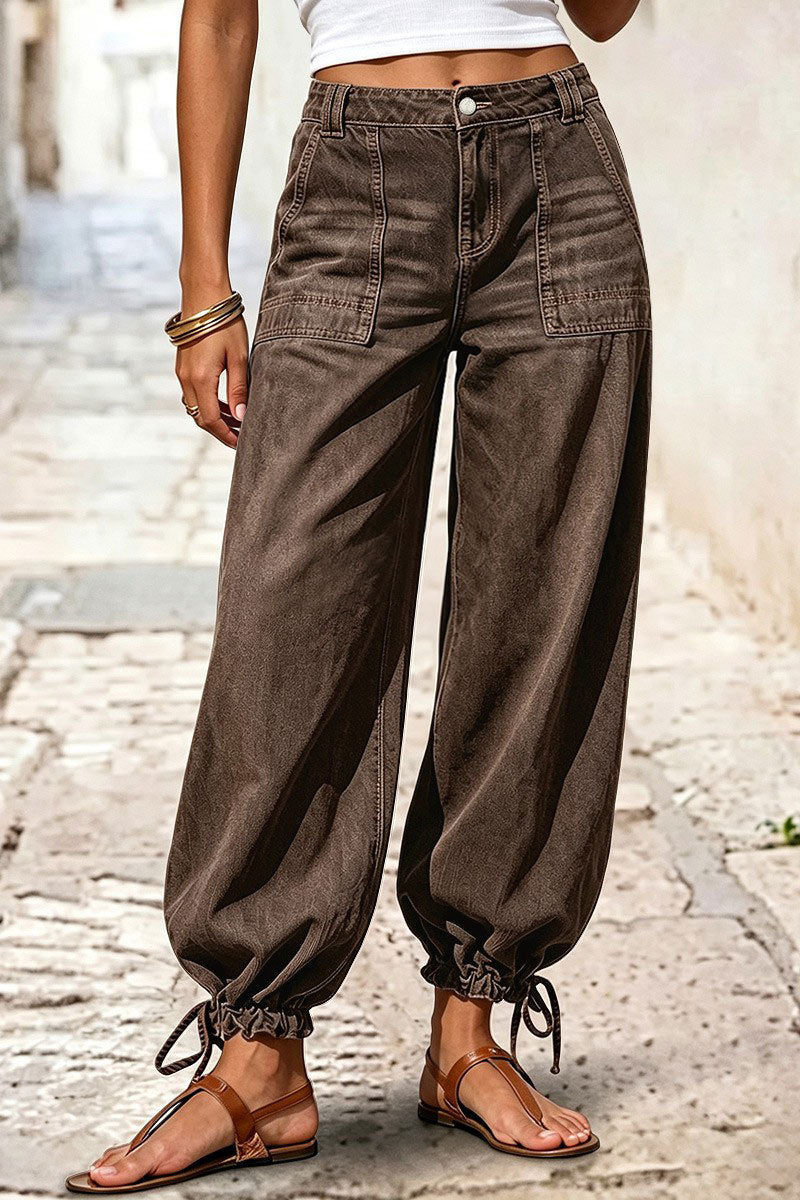 Solid Patch Pocket Drawstring Hem Mid Waist Cropped Wide Leg Pants