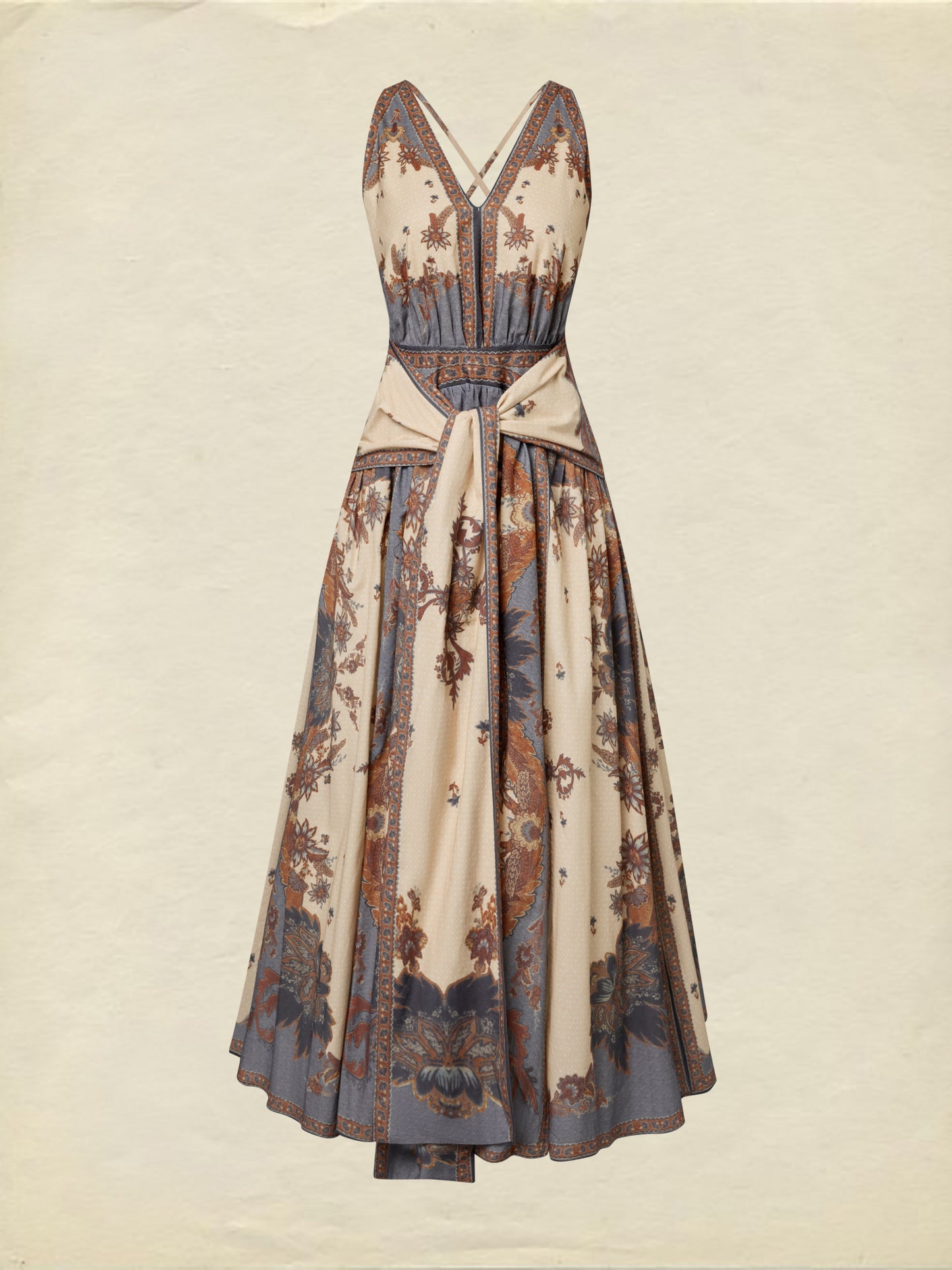 Robe longue en coton, sans manches, col en V, motif floral, ceinture, vacances, style vintage, couleur abricot