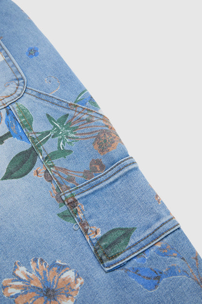 Wash Floral Print Flap Pocket Mid Rise Barrel Leg Crop Jeans