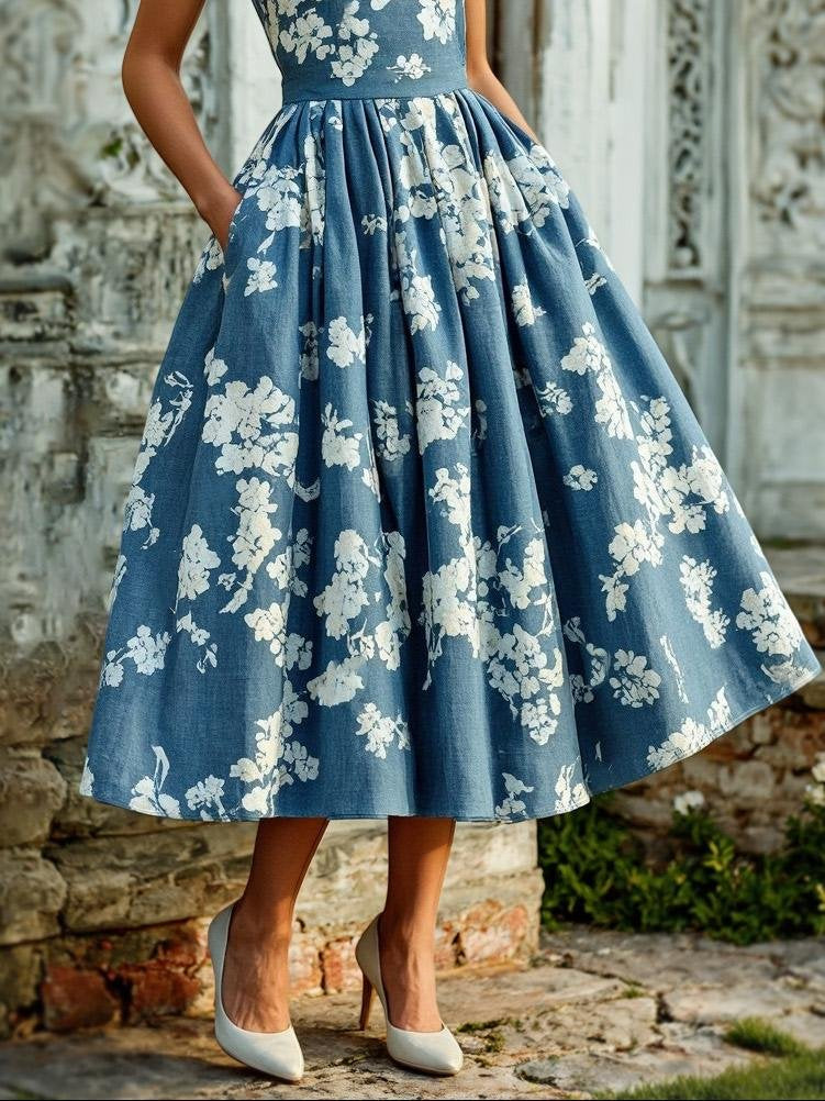 (TAILLES:TP-XXL) Robe Midi en Lin, Sans Manches, Mélange de Lin, Imprimé Floral, Renaissance